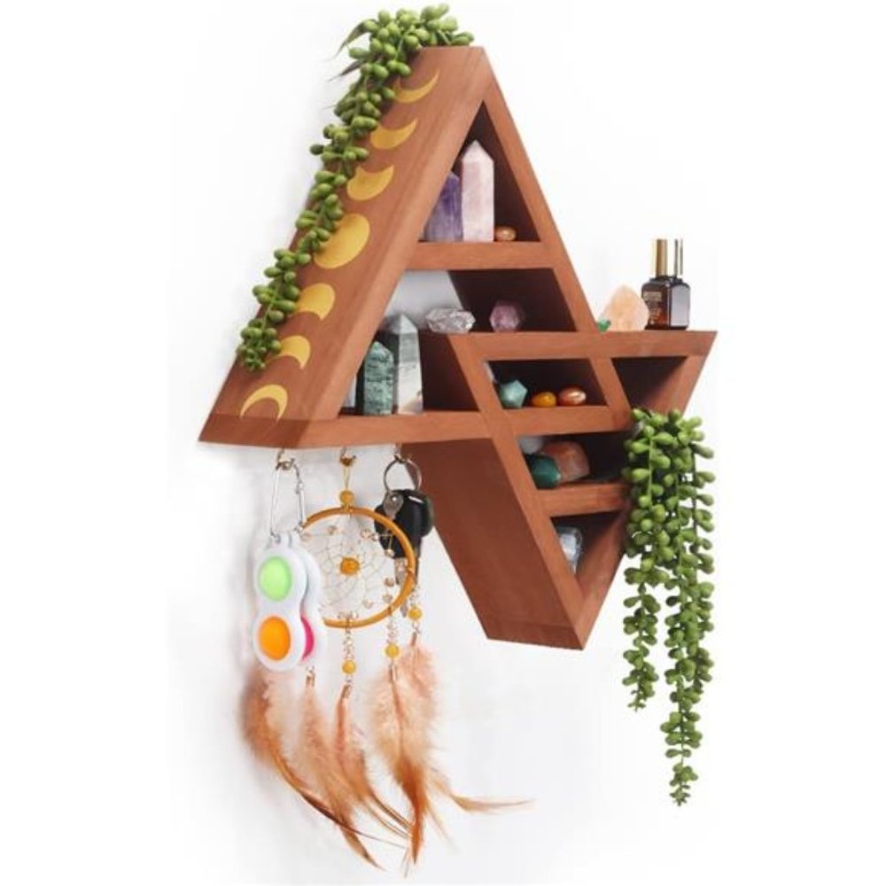 Moon Phase Triangle Shelf with Hooks - Rustic Moon Shelf for Crystals- Brown